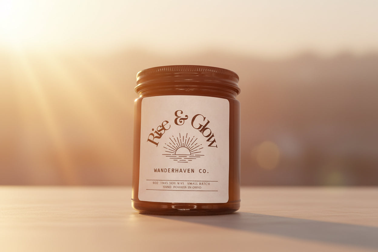 Amber glass jar in a sun glowed background