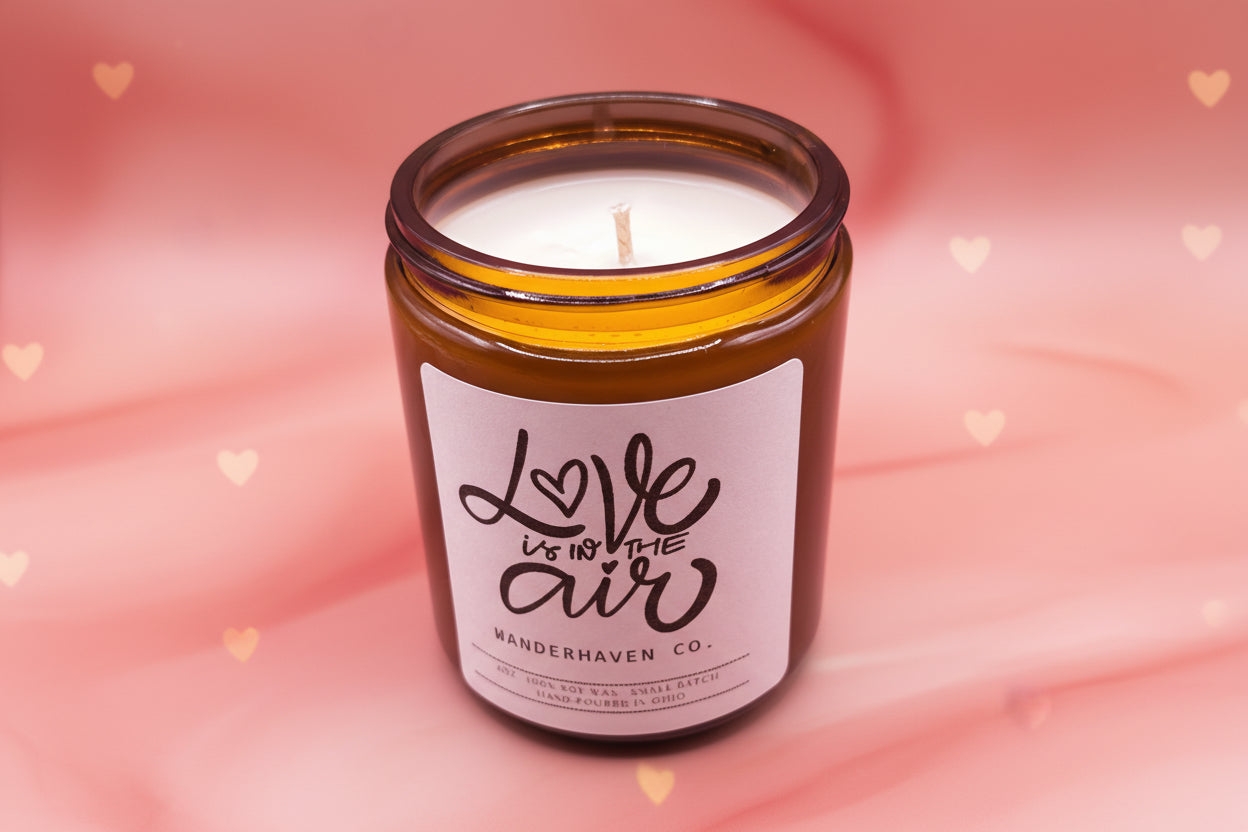 Candle in a glass jar with a label on a cream background with hearts