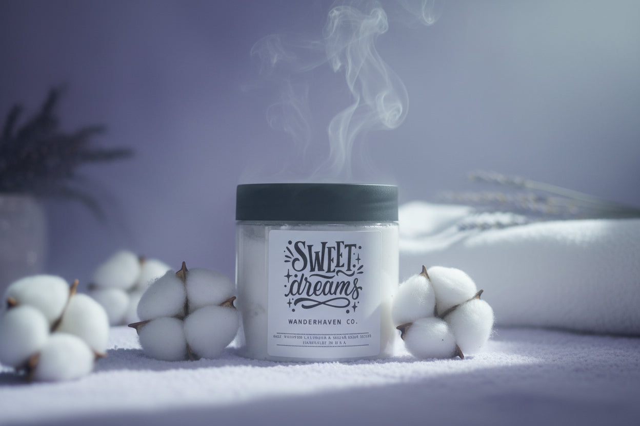 Candle jar with black lid and white label on a light gray background