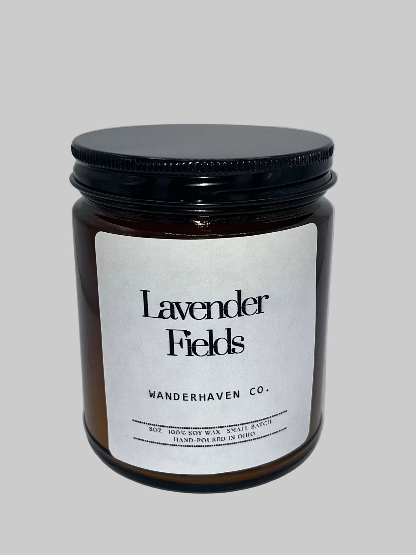 Jar of 'Lavender Fields' candle from Wanderhaven Co. on a white background
