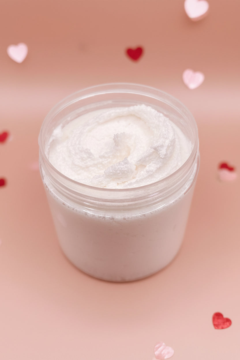 Clear jar with white powder on a cream background with hearts