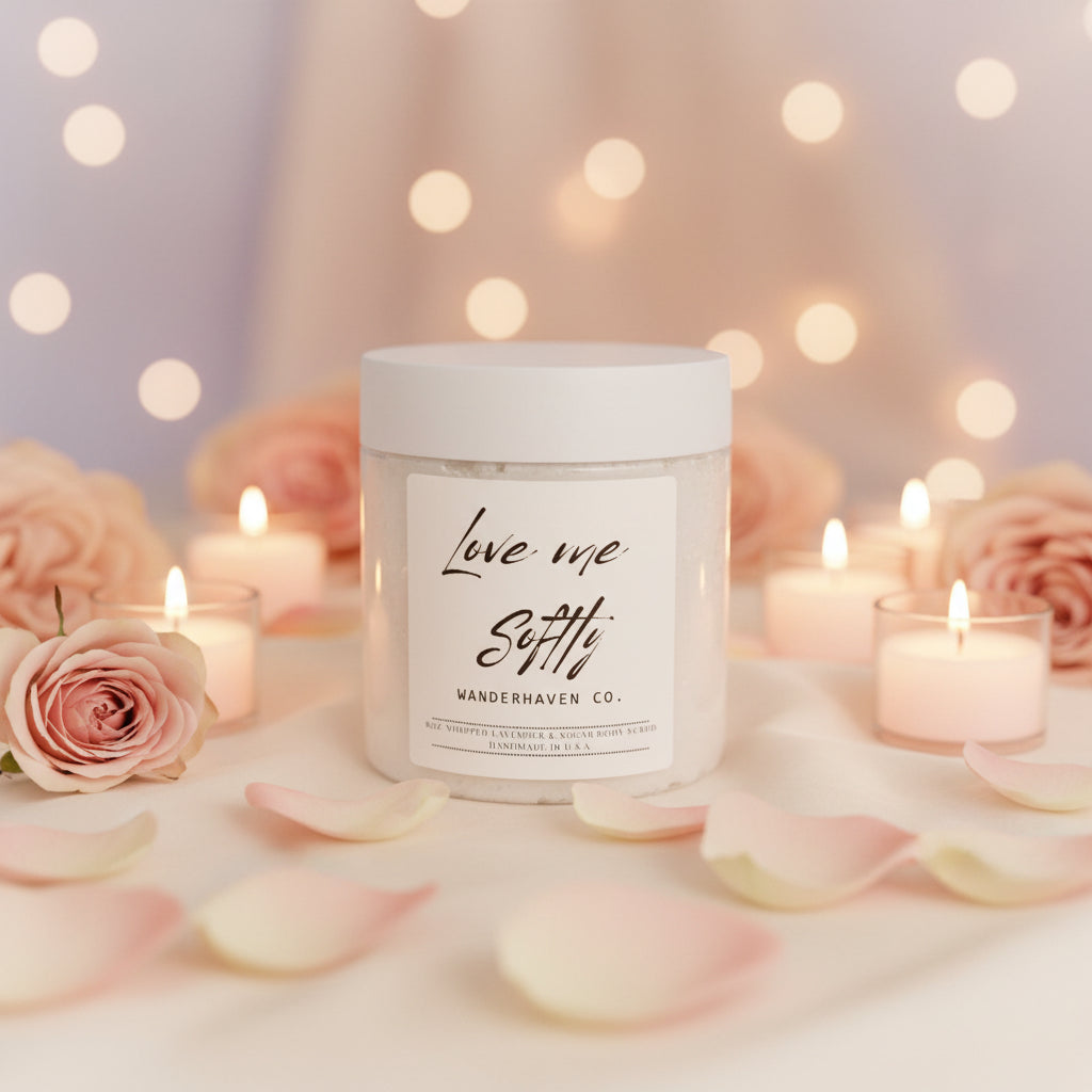 Jar with a label on a candle lit background with flowers on tables 